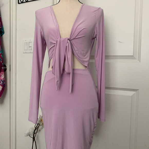 lilac slinky plunge tie front cut out bodycon dress PrettyLittleThing | Dresses | Cute Lavender Dress